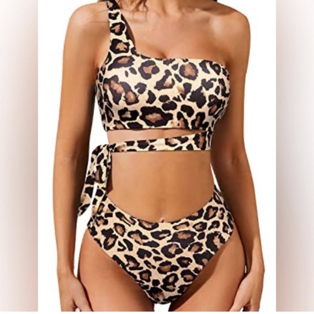 NEW Leopard Print Bikini One Shoulder High Waisted Bathing Swimsuit Sexy Animal